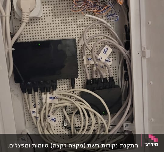 ארון תקשורת עם כבלים ומתגים מחוברים